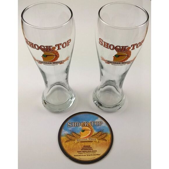 2 - SHOCK TOP BELGIAN WHITE Beer Pilsner Glasses &‎ Vintage Beer Coaster - Picture 3 of 16